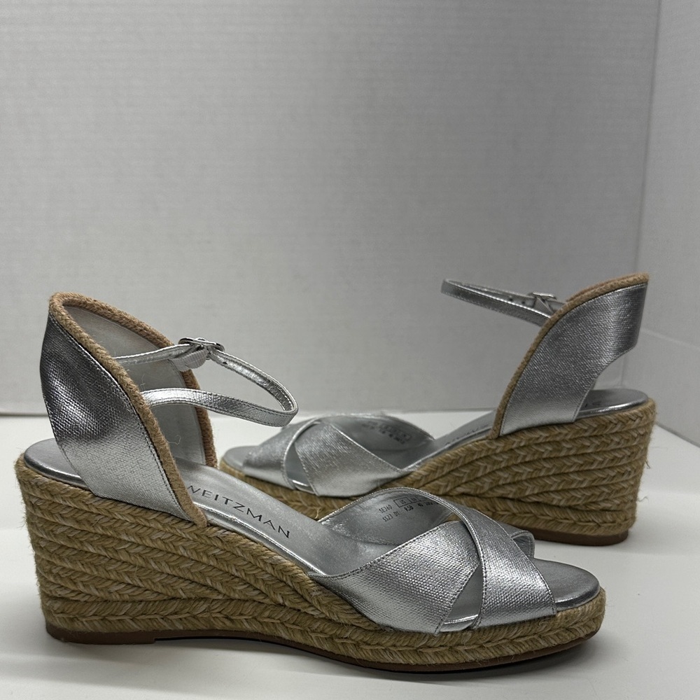 Stuart Weitzman Mirela II Espadrille Wedges Heeled Sandals Leather Silver 9.5 - Picture 3 of 10